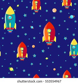 rocket spaceships seamless pattern stars on a blue background vector illustration