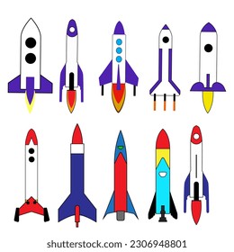 Rocket or spaceships and space shuttle icons for comic cartoon design. Retro missiles spacecraft startup or launch in cosmos with engine fire. Vector symbols of cosmonaut vehicle.