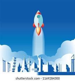 Rocket speed up in the air of start up or freedom concept design with paper art digital craft style vector illustration
