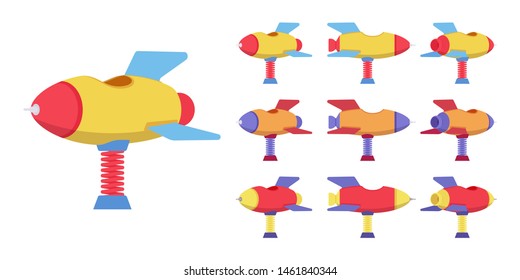 Rocket spring rider playground set, bouncy spaceship, outdoors playing device. Children ride on toy. Vector flat style cartoon illustration isolated on white background, different views and colors