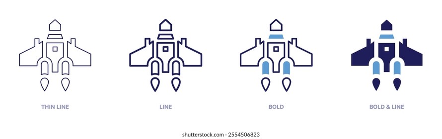 Rocket stages icon in 4 different styles. Thin Line, Line, Bold, and Bold Line. Duotone style. Editable stroke.