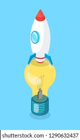 Rocket standing on lightbulb, vertically view of objects, colorful spacecraft with circle window and yellow glass lamp, 3D energy equipment on blue vector. Startup of idea