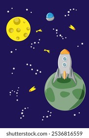 Rocket standing on unknown planet in open space among stars, moon and comets, ufo in the distance - fairy tale background, color vertical vector illustration for design of wallpapers 