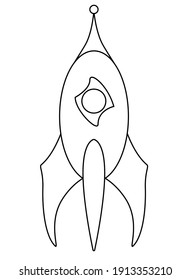 A rocket standing vertically - Linear Spaceship vector picture for coloring. - stylization children's coloring book. Outline design. A spaceship standing.