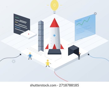 Eine Rakete steht in der Mitte eines Arbeitsplatzes. Zwei Figuren interagieren mit digitalen Bildschirmen. Im Hintergrund befinden sich Diagramme und Kodierungselemente. Drähte verbinden verschiedene Bereiche.