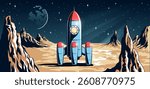 Rocket stands on a distant moon with a starry sky. Vintage-style rocket is positioned on a barren moon landscape. Vector retro comics style