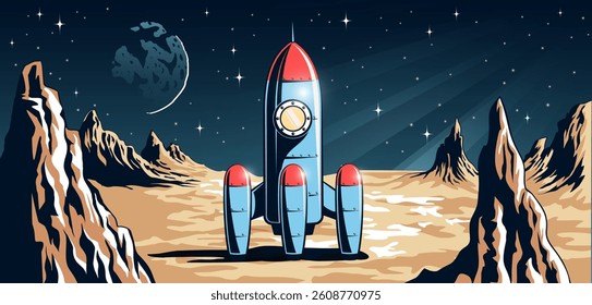 Rocket stands on a distant moon with a starry sky. Vintage-style rocket is positioned on a barren moon landscape. Vector retro comics style