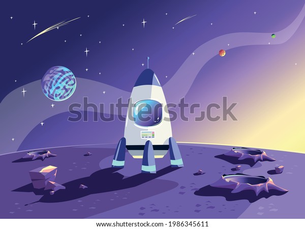 The rocket stands on the
surface of the planet against the background of the starry sky.
Space travel and exploration, vector vertical illustration in
cartoon style