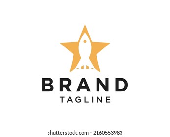 Rocket Star Logo. Orange Rounded Shape Five Star with Negative Space Rocket inside isolated on White Background. Usable for Business and Technology Logos. Flat Vector Logo Design Template Element.