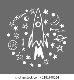 Rocket and stars in the circle.  Hand drawn space objects. Vector sketch  illustration.