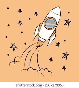 Rocket and Stars concept. Spaceship flies in universe among celestial bodies and leaves trace. Design element for postcards, covers and social networks. Cartoon modern flat vector illustration