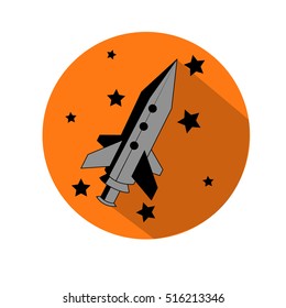 Rocket and stars flat icon with long shadow. Orange background. Vector illustration
