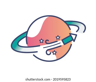 Rocket with stars forming an orbit around a planet with festive gradient colours. Logo shape, fun, friendly, creative, celebration.