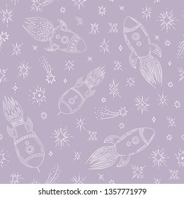 Rocket and stars seamless pattern. Color sketches vector illustration in cartoon style. Digital design elements