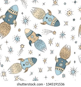Rocket and stars seamless pattern. Multi-colored hand drawn sketches, vector illustration in cartoon style.