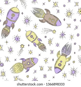 Rocket and stars seamless pattern. Multi-colored hand drawn sketches, vector illustration in cartoon style.