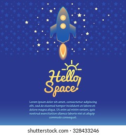 Rocket and stars in space. Background and elements for web design, posters, flyers, postcards. Template for text.