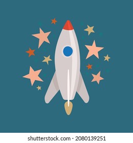 Rocket and stars. Spaceship in space. Rocket cartoon style, hand drawn vector illustration. Startup concept graphic.  Dream come true. Part of set.