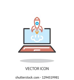 Rocket start to air from laptop monitor, line sign, icon vector