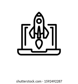 Rocket start to air from laptop monitor icon in outline style on white background