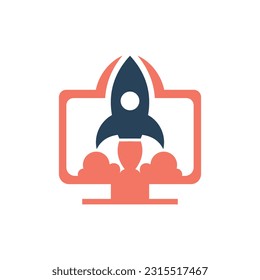 Rocket start to air from monitor Logo Icon Design, Monitor with Rocket logo design vector template