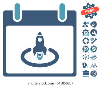 Rocket Start Calendar Day icon with bonus setup tools pictograph collection. Vector illustration style is flat iconic symbols, cyan and blue, white background.