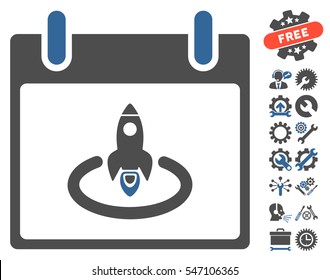 Rocket Start Calendar Day icon with bonus options clip art. Vector illustration style is flat iconic symbols, cobalt and gray, white background.