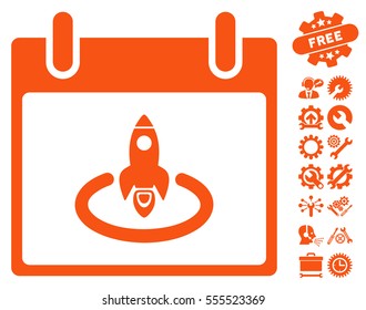 Rocket Start Calendar Day icon with bonus tools pictograms. Vector illustration style is flat iconic symbols, orange, white background.