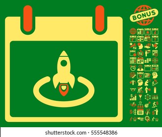 Rocket Start Calendar Day icon with bonus calendar and time management symbols. Vector illustration style is flat iconic symbols, orange and yellow, green background.