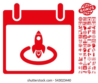 Rocket Start Calendar Day pictograph with bonus calendar and time management icon set. Vector illustration style is flat iconic symbols, red, white background.