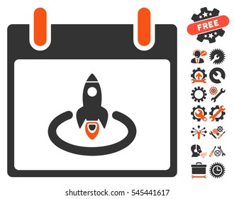 Rocket Start Calendar Day pictograph with bonus options images. Vector illustration style is flat iconic symbols, orange and gray, white background.