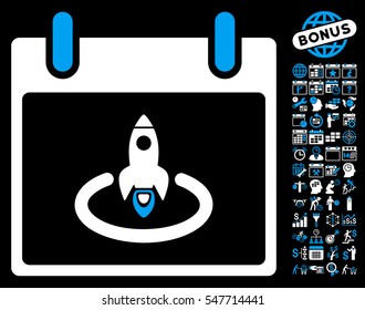 Rocket Start Calendar Day pictograph with bonus calendar and time management symbols. Vector illustration style is flat iconic symbols, blue and white, black background.