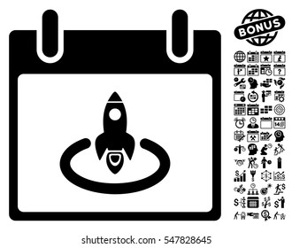 Rocket Start Calendar Day pictograph with bonus calendar and time management clip art. Vector illustration style is flat iconic symbols, black, white background.