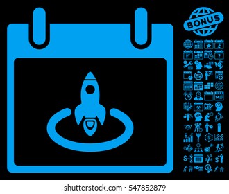 Rocket Start Calendar Day pictograph with bonus calendar and time management pictograms. Vector illustration style is flat iconic symbols, blue, black background.