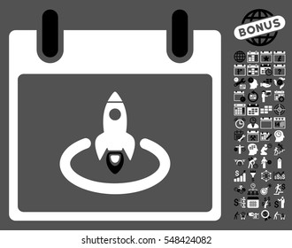 Rocket Start Calendar Day pictograph with bonus calendar and time management pictograph collection. Vector illustration style is flat iconic symbols, black and white, gray background.