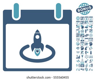 Rocket Start Calendar Day pictograph with bonus calendar and time management clip art. Vector illustration style is flat iconic symbols, cyan and blue, white background.