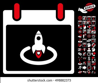 Rocket Start Calendar Page icon with bonus calendar and time management pictograph collection. Vector illustration style is flat iconic symbols, red and white, black background.