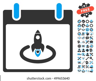 Rocket Start Calendar Page icon with bonus service pictograms. Vector illustration style is flat iconic symbols, blue and gray, white background.