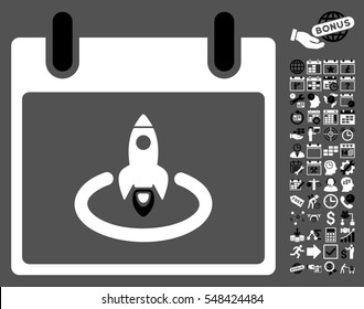 Rocket Start Calendar Page icon with bonus calendar and time management pictures. Vector illustration style is flat iconic symbols, black and white, gray background.