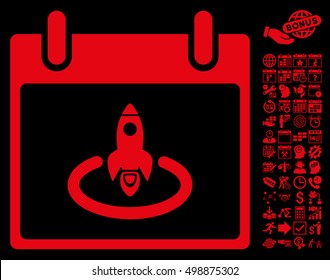 Rocket Start Calendar Page pictograph with bonus calendar and time management symbols. Vector illustration style is flat iconic symbols, red, black background.