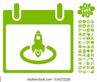 Rocket Start Calendar Page pictograph with bonus service clip art. Vector illustration style is flat iconic symbols, eco green, white background.