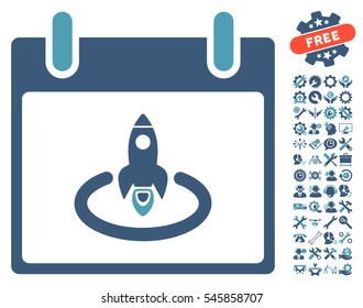 Rocket Start Calendar Page pictograph with bonus tools pictograms. Vector illustration style is flat iconic symbols, cyan and blue, white background.