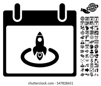Rocket Start Calendar Page pictograph with bonus calendar and time management graphic icons. Vector illustration style is flat iconic symbols, black, white background.