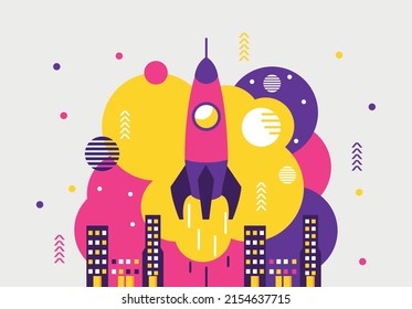 rocket start up with city buildings