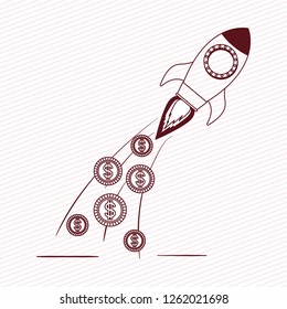 rocket start up with coins dollars