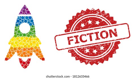Rocket start collage icon of spheric dots in various sizes and LGBT colored color tinges, and Fiction corroded rosette seal print. A dotted LGBT-colored Rocket start for lesbians, gays, transgenders,