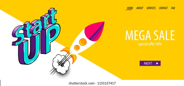 Rocket start up comics. Isometric digital banner business flat site background. Header vector design. 3d comic text pop art phrase. Creative font. Yellow color.