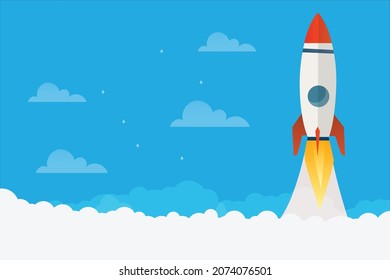 Rocket start up concept with clouds workspace vector design.