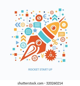 Rocket start up concept design on white background,clean vector