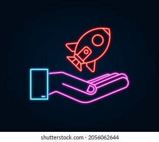 Concepto de inicio de cohetes en las manos. Icono de Neon. Ilustración vectorial.
